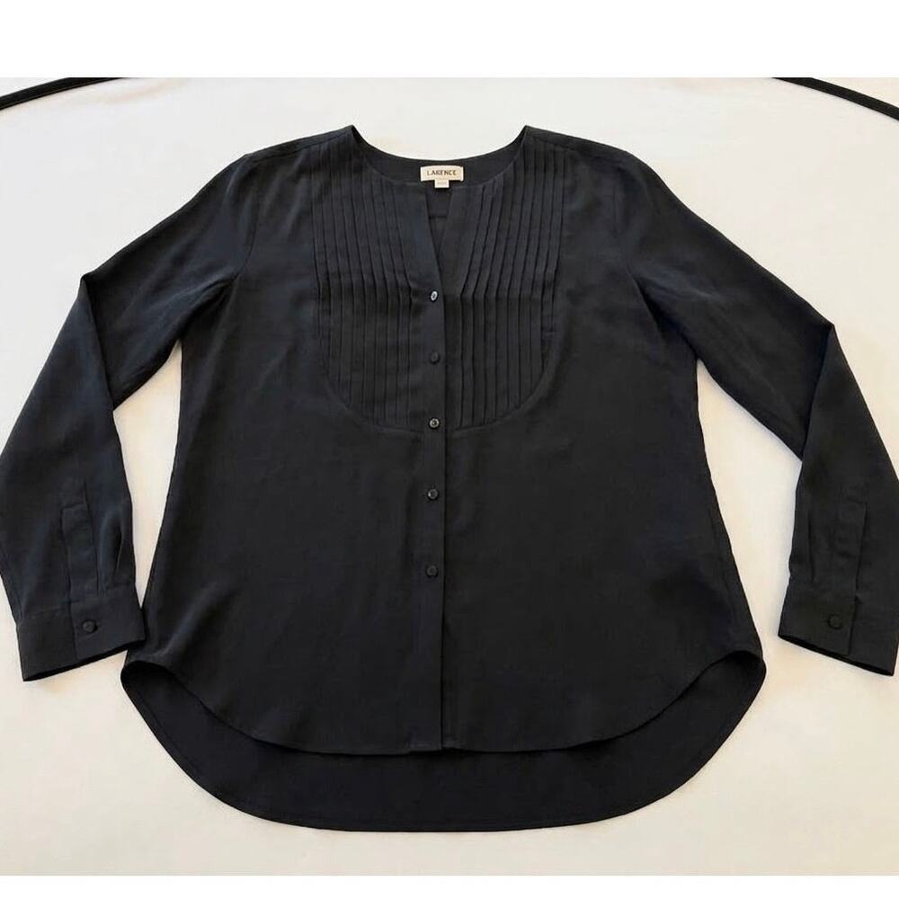 L'AGENCE 100% Silk Black Pintuck Tuxedo Bib Long Sleeve Blouse S Quiet Luxury
